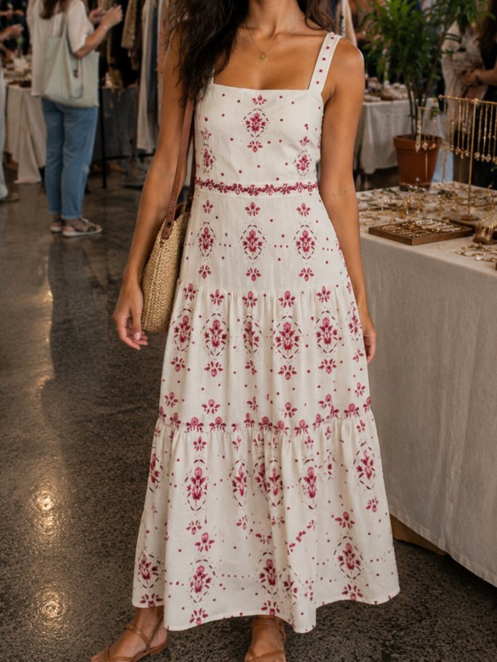 Christian Lacroix Linen Blend Damask Print Beaded Strap Tie Back Maxi Dress M